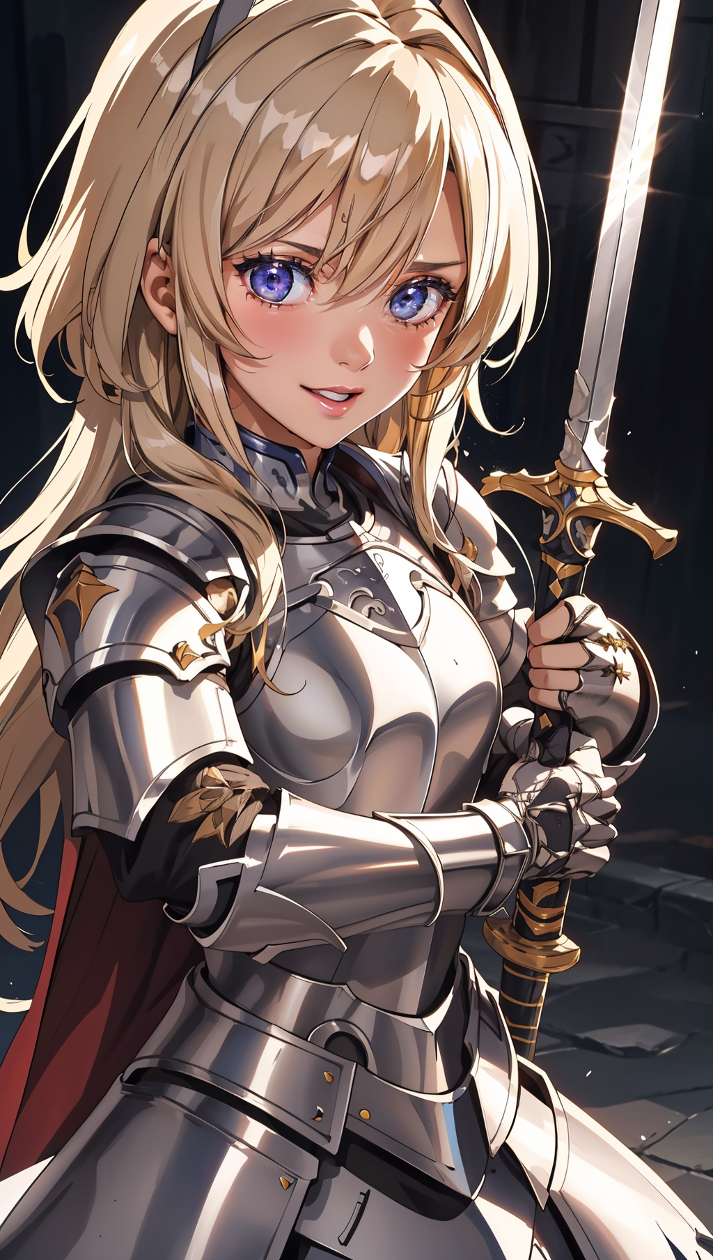 an illustration of a female paladin adorned in holy armor, wielding a sacred sword, furrowed brow, light smile, 
masterpiece, best quality, intricate detail, high background detail, high contrast,   <lora:emotion_angry_slider_v1:1> anime screencap,