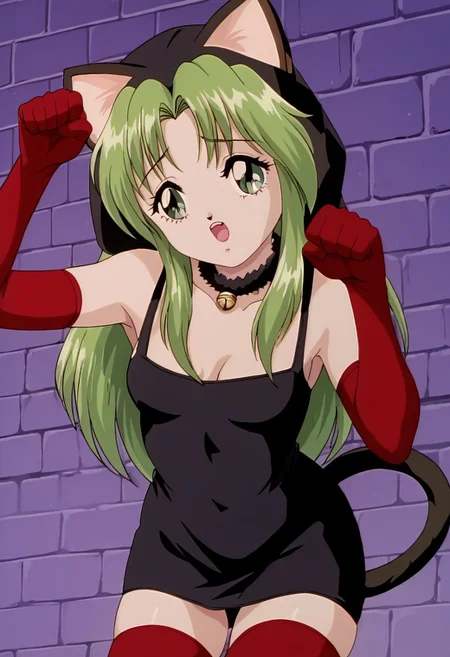 Retro art style, 90's art style, excellent picture quality, highly detailed image, bottom view, 1 girl, cute face, green eyes, detailed pupils, long hair, green hair, animal ears, cat ears, black dress, pencil dress, short dress, hooded dress, off the shoulder dress, long stockings, red stockings, mid-thigh stockings, red gloves, elbow-high gloves, tail, cat tail, <lora:paw-pose-ponyxl-lora-nochekaiser:1>, paw pose, cat ears, cat tail, animal ears, tail, cat girl, open mouth, background, brick wall, wet, cold