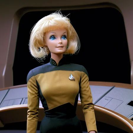 (full body shot), <lora:Barbie_Doll_SDXL:1> Barbie as communication officer, on the bridge, The Enterprise, Star Trek TNG, TV still, masterpiece, best quality <lora:StarTrekTNG-v7:1>