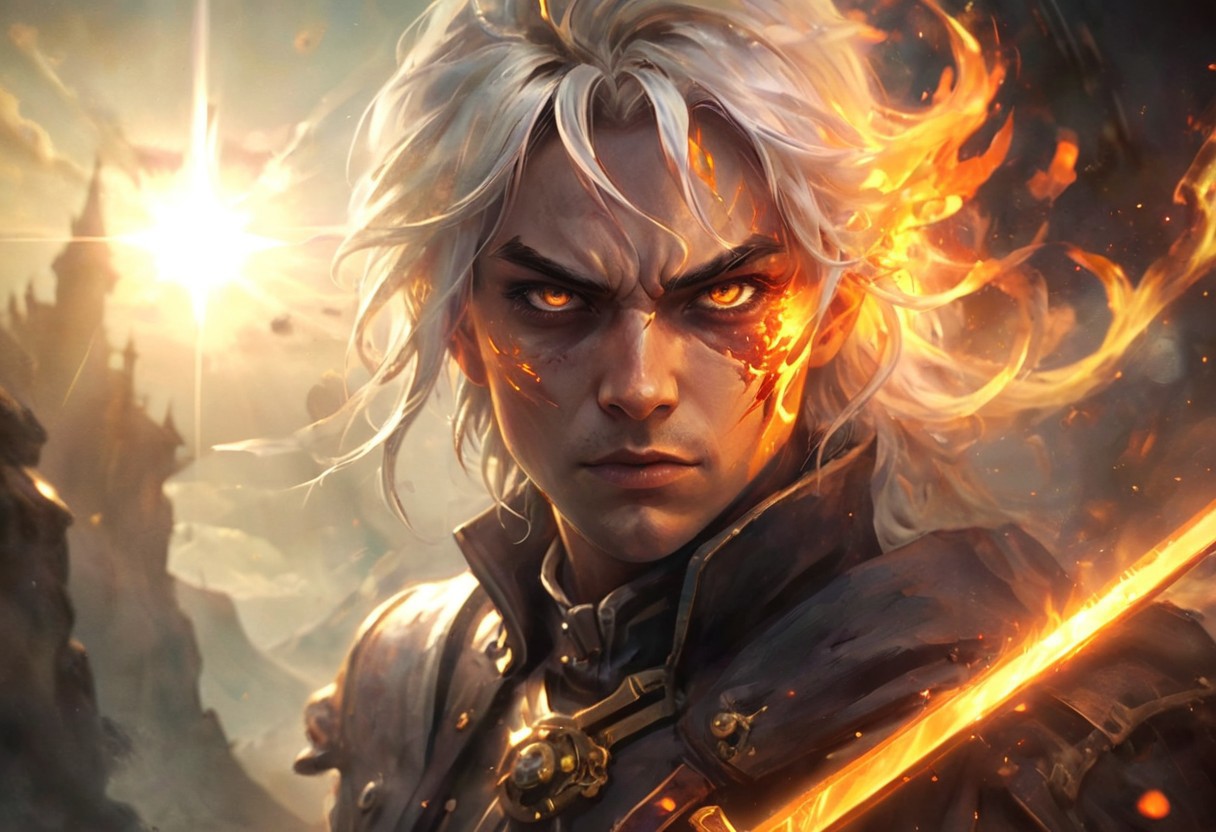 Dynamic action shot of a spinning Alucard assassin swinging a flaming whip or sword while on a ledge of an outer castle wall high above the ground, backlit long flowing white hair, video game character, SOTN, 
extremely detailed background, IBG,  background focus, pink and orange skies, 
candid shot, 
hyperdetailed realistic illustration, intricately detailed, highest quality, implied motion, 
BREAK, ultra level of detail and precision in the art, masterpiece, mixed media, intense mood, detailed shading, extreme wide-angle view, motion blur, ray-traced, semirealistic, 
subsurface scattering, light leaks, sunbeams, global illumination, ambient occlusion, soft shadows, film grain, Dutch angle, cinematic composition, mystic haze, dusty atmosphere, HDR, complementary colors, vibrant colors, golden-hour, fisheye view, colorful palette,