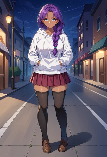 score_9, score_8_up, source_anime, 1girl, solo, ChaMmVT, mature female, blue eyes, mole under mouth, purple hair, long hair, braided ponytail, hair over shoulder, dark skin, white hoodie, outdoors, night, street, lamppost, hands in pockets, full body, black thighhighs, shoes, skirt, <lora:ChamChaChaPonyXL:1>