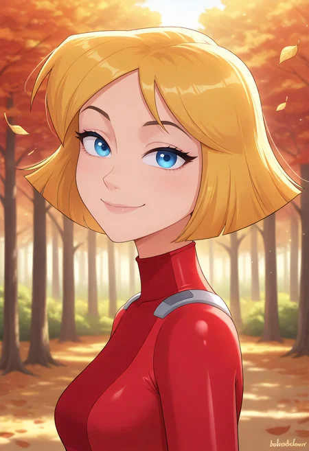 very awa, masterpiece,best quality,amazing quality, best quality, newest, absurdres, highres, detailed background, detailed hair, depth of field, detailed skin, best quality, amazing quality, very aesthetic, high resolution, ultra-detailed, absurdres, OverallDetailXL, skinny, narrow waist, aged up, blue eyes medium breasts, totally spies, (short hair:1.25), bangs, blonde hair, Clothed, cub3dc0c0nu1, portrait, (face focus:1.2), looking at viewer, smiling, closed mouth, forest, autumn, golden_hour, fallen_leaves, babbling_brook,,,