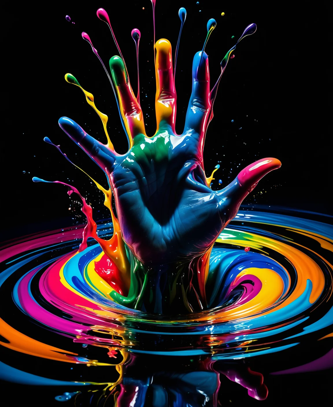 award winning photography capturing a hand emerging from a whirpool of swirling colors bound by magical energy,in a dark room with glass reflective walls, surrealistic, reflections,splashes,liquid,vibrant colors, shadows, photography, sharp image