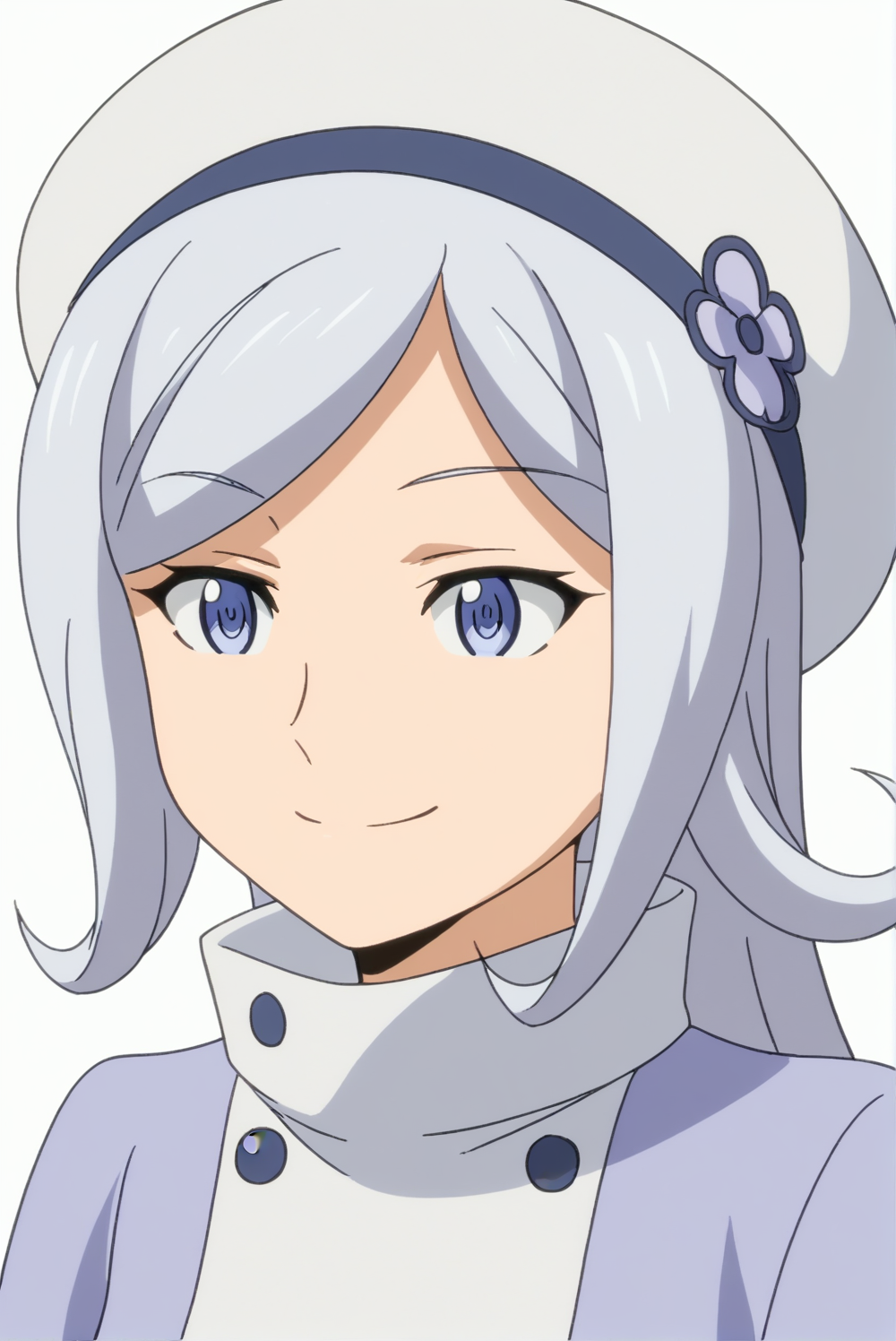 <lora:anime:0.8>, white background, Aila Jyrkiäinen, upper body, smile, hat