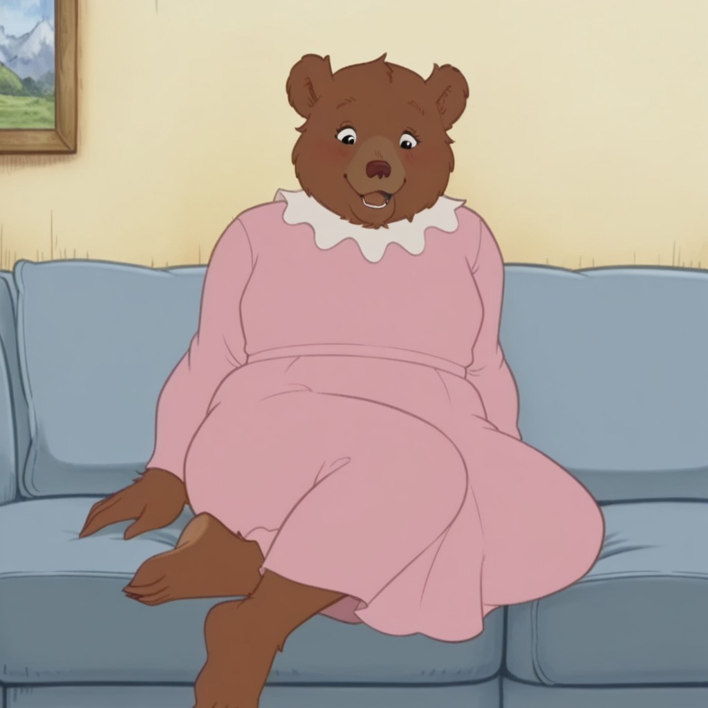 masterpiece, best quality, amazing quality,  MotherBearLBil, semi-anthro, female bear, brown fur, black eyes, long pink dress white trim collar
, sitting, on couch, barefoot,