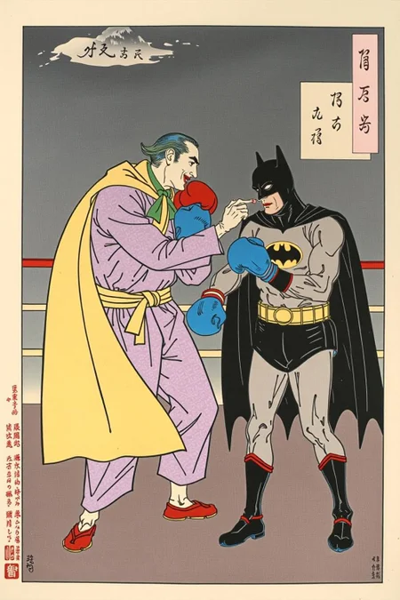 tsukioka1 Japanese woodblock print ukiyo-e.
Batman and Joker boxing. <lora:schnell_v1.0:1.0> <lora:tsukioka_ukyo-e4_nocap_d8a4:1.0><lora:798024607715083766:0>