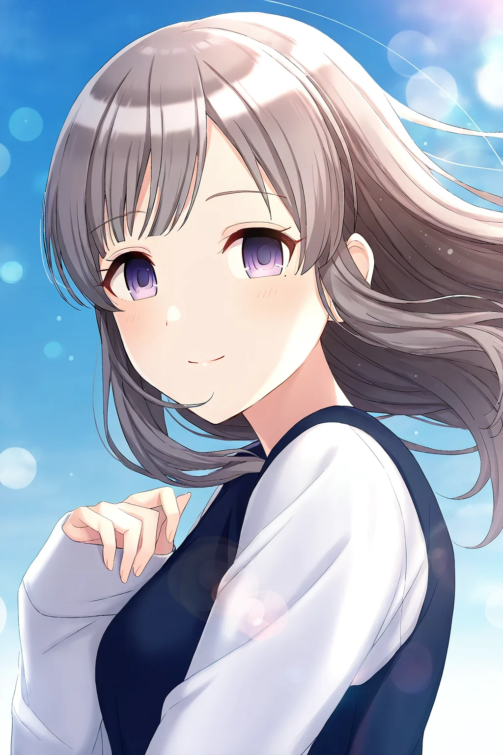 <lora:YukokuKiriko:0.8>, Yukoku Kiriko, 1girl, solo, looking at viewer, smile, blurry background, outdoors, upper body, depth of field, day, closed mouth, lens flare, sparkle, bokeh, long sleeves, sky, sleeves past wrists