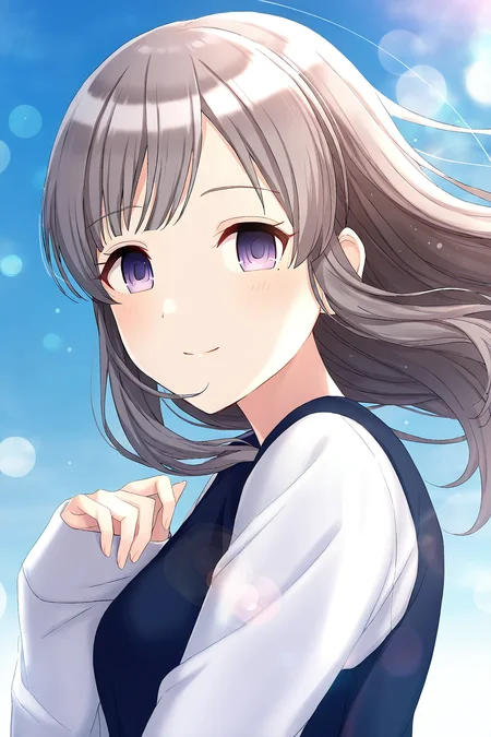 <lora:YukokuKiriko:0.8>, Yukoku Kiriko, 1girl, solo, looking at viewer, smile, blurry background, outdoors, upper body, depth of field, day, closed mouth, lens flare, sparkle, bokeh, long sleeves, sky, sleeves past wrists