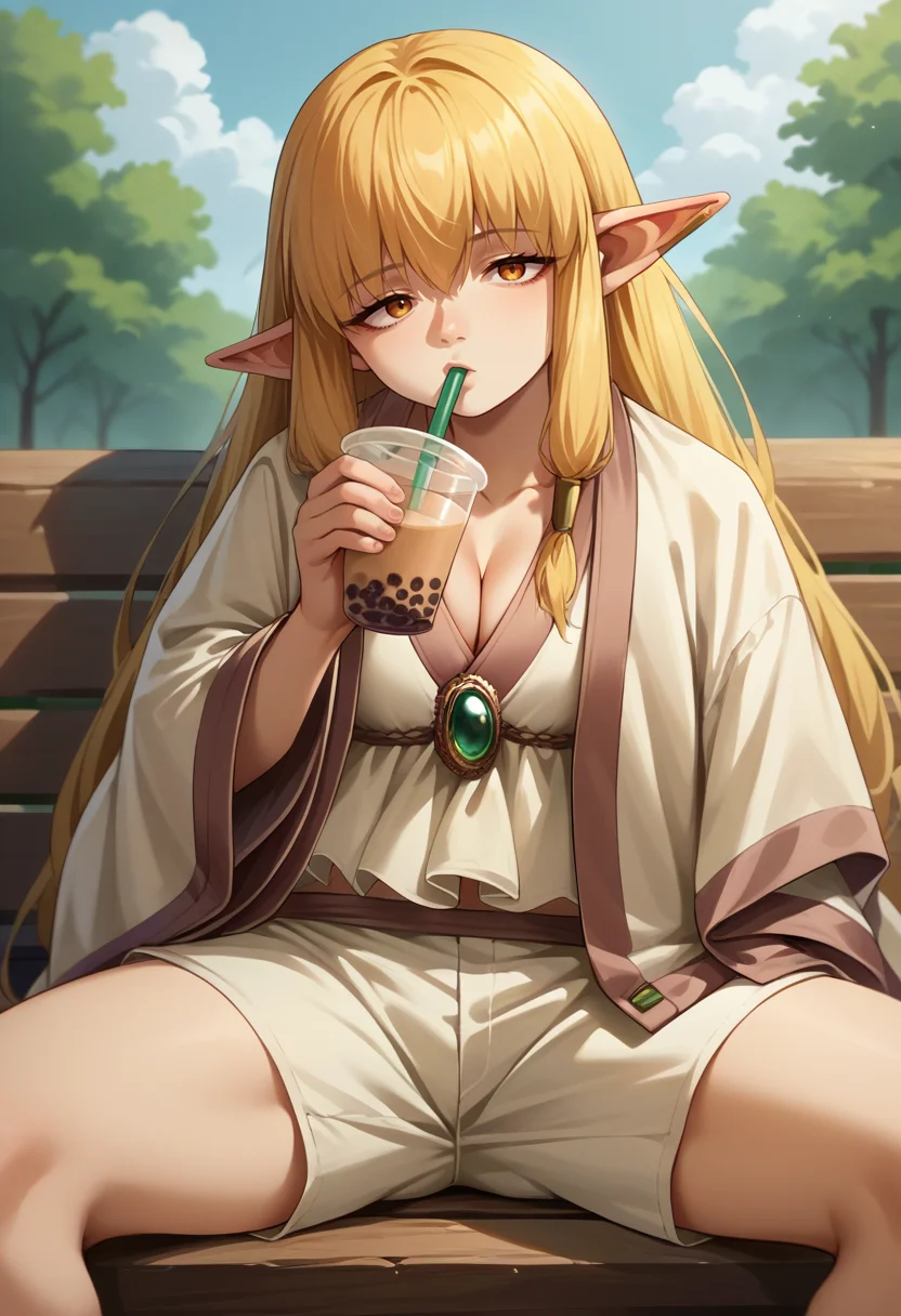score_9, score_8_up, source_anime, 1girl, solo, Serie, long hair, hair tubes, ear bar, white dress, short dress, cleavage, green brooch, white robe, short robe, white shorts, outdoors, sitting, on bench, drinking, sipping, straw, bubble tea, <lora:ChamSeriePonyXL:1>