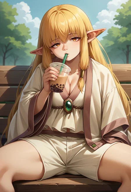 score_9, score_8_up, source_anime, 1girl, solo, Serie, long hair, hair tubes, ear bar, white dress, short dress, cleavage, green brooch, white robe, short robe, white shorts, outdoors, sitting, on bench, drinking, sipping, straw, bubble tea, <lora:ChamSeriePonyXL:1>