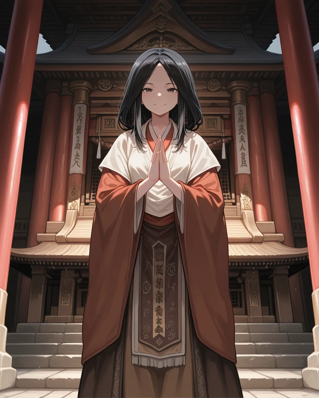 masterpiece, best quality,1girl,temple, 1girl, standing, prays, black hair, divinechild, japanesde clothes, <lora:divinechild:0.8>