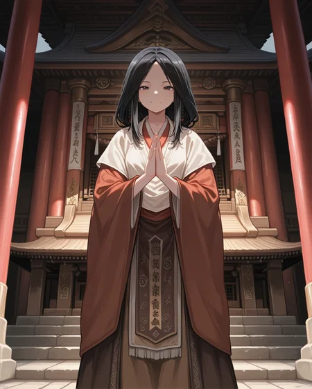 masterpiece, best quality,1girl,temple, 1girl, standing, prays, black hair, divinechild, japanesde clothes, <lora:divinechild:0.8>
