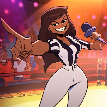 score_9, score_8_up, score_7_up, 1girl, dark-skinned female, brown hair, long hair, medium breasts, narrow waist, wide hips, looking at viewer, pointing, microphone, smile, highres, high quality, masterpiece, <lora:Jessica_Jaclyn:1>