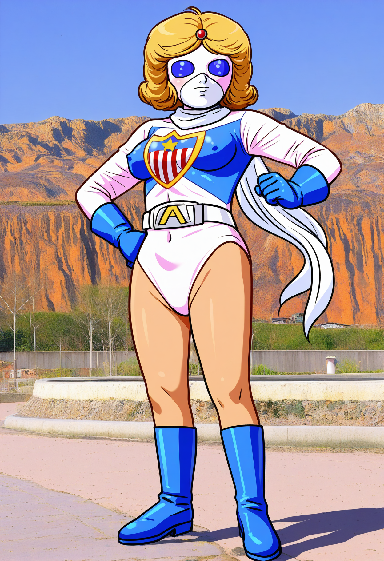 1girl, solo, full body, medium breasts, covered nipples, dojin_style
Miss-America, 1girl, solo, gloves, navel, pantyhose, belt, leotard, legs, white leotard, retro artstyle, photo background, 1970s \(style\), tokusatsu, mask, blue eyes, short hair, blonde hair, blue gloves, blue boots, scarf, 
 <lora:Miss-America_IL:1>Miss-America
