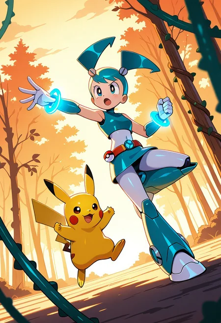 Jenny Wakeman, XJ-9, female, 1girl, solo, robot girl, red pigtails, high-tech Pokémon trainer outfit, red-and-white mechanical skirt, steel-type insignia, robotic Poke Ball belt, glowing wrist communicator, futuristic forest arena, giant metallic Ferrothorn vines, floating Magnemite drones, sunset over high-tech gym, Pikachu with cybernetic accessories, dynamic battle stance, Studio Ghibli meets Pokémon anime style, soft watercolors, warm lighting