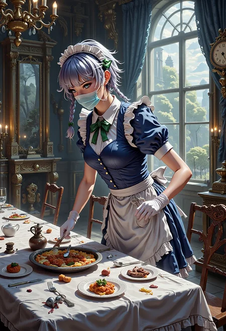 A masterpiece, ultrarealistic, natural colours of evening light, photorealistic scene, luxurious intricate interior of a dining room, rich in detail, dining table covered white table cloth, empty chairs after the eaters have left, dirty dishes, serving dishes with leftover food, a few dead mice on table, a clock,
flat chested Izayoi Sakuya in surgical mask and short medical exam gloves is bending over the table and putting a sample of food into plastic bag withoug paying attention to viewer, beautiful concentrating face with no make-up, (tiny tits, flat chest:1.6), slim, slender, short silver hair, twin braids, green bows, practical comfortable blue maid uniform, mid dress, maid headdress, detached collar, green bowtie, puffy sleeves, white wrist cuffs, white apron, pocket watch, thighhighs,
<lora:Hand v2:1> Detailed hand, Hand, Perfect hand,
<lora:best_of_flux_v30_rank64_bf16-step01750:1> best_of,