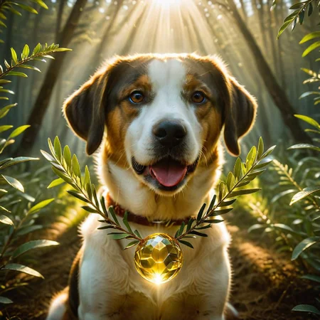 A dog holding an olive branch in its mouth, against the backdrop of a radiant sun. In the surroundings of the dog, the symbol of infinity. Bojan Jevtic's style.
sacred geometry