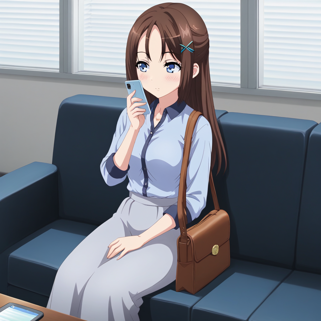 grey skirt, blue eyes, solo, couch, office, brown hair, firm breasts, hair ornament, blush, long skirt, exposed arms, mobile phone, window, shoulder bag