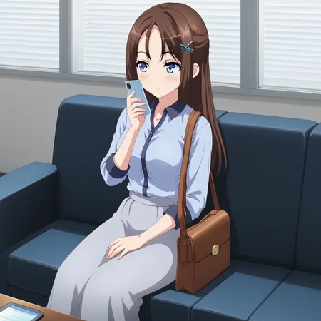grey skirt, blue eyes, solo, couch, office, brown hair, firm breasts, hair ornament, blush, long skirt, exposed arms, mobile phone, window, shoulder bag