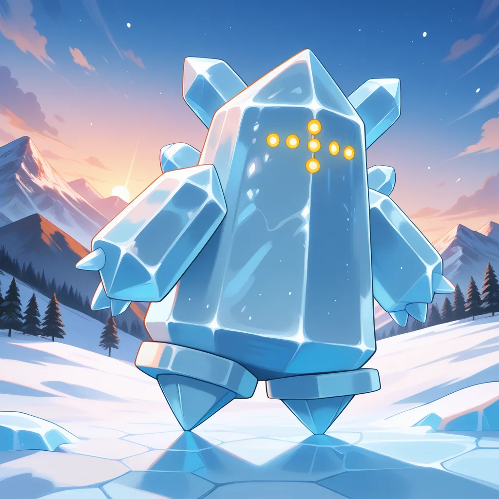 detailed, detailed_backgroun, vibrant, amazing quality, beautiful quality, <lora:regice-15:1> pregi, pokemon \(creature\), ice_body, ((symmetrical_design)), 1other, 3finger_hand, mountainous horizon, solo,