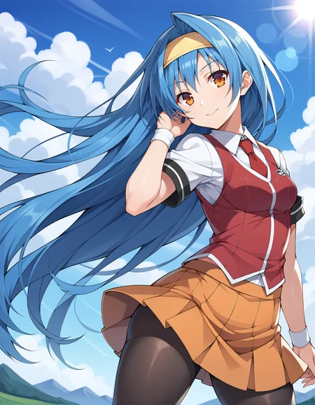 score_9, score_8_up, score_7_up, source_anime, rating_safe, BREAK <lora:sakiTsuzuraXL_LoRA-C3Lier_AdamW_Dim8_Alpha8_UN-3e-4_TE-1.5e-4_10batch_ponyDiffusionV6XL_v6StartWithThisOne:1>, saki tsuzura, 1girl, very long hair, blue hair, orange eyes, yellow hairband, red necktie, red vest, white shirt, short sleeves, white wristband, orange skirt, pleated skirt, black pantyhose, dutch angle, light smile, closed mouth, hand in own hair, looking at viewer, cowboy shot, wind, floating hair, standing, mountainous horizon, cloud, sunlight, lens flare, blue sky, open hand