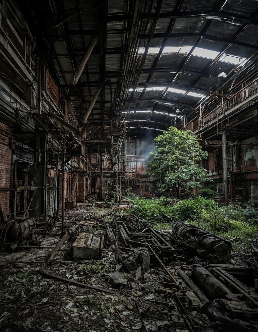 <lora:CW02_Lost_indusin:1> photo, cw02lost, indoors, abandoned, factory, industrial, steel beams, warehouse, decay, derelict, broken machinery, grunge, rust, structure, scaffolding, brick walls, shadows, high ceiling, forgotten, disused, spacious, fantasy, green, T8, forest, trees, mist,