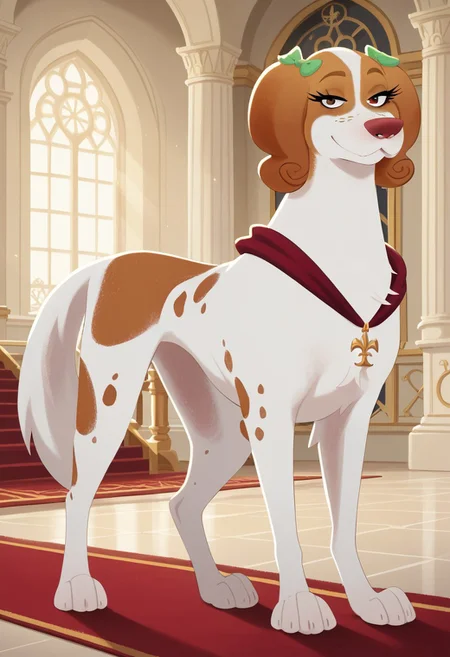 score_9, score_8_up, score_7_up, score_6_up, source_furry, source_cartoon, best quality, masterpiece, absurdres,
1girl, solo, tanebl, feral, spaniel, female, dog,
green bow, brown eyes, freckles, bedroom eyes, half-closed eyes, looking back at viewer, smile, tongue out, teasing, closed mouth,
full body, standing, from behind, butt toward viewer, big butt, fluffy,
red collar, pendant,
indoors, palace, sunlight, window, curtains, red carpet