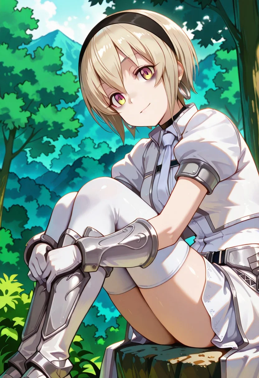 medium depth of field, rule of thirds, masterpiece-level, clean lines, sharp, focused subject, minimalistic composition, masterpiece, amazing quality, best quality, anime screencap, detailed face, detailed eyes, detailed outfit, face focus,
general,highres, ultra-detailed,very aesthetic,best quality ,best hands, perfect anatomy,detailed,
BREAK 1girl, solo,pekora_cnr, 1girl, blonde hair, short hair, bangs, yellow eyes, multicolored eyes, shiny hair black hairband,bags under eyes,
azure armor,
full azure armor, white shirt, white tie, white waist cape,
silver hoop earrings, silver arm shield, black choker,
white hair ribbon hairband, white thighhighs, white cropped jacket, white armored gloves, white miniskirt, white armored boots,
from front, from side, cowboy shot,
sitting, hugging own legs, knees arms support, happy, light smile, looking at viewer,
(Forest, woods, trees, rocks, bushes, mountains,),