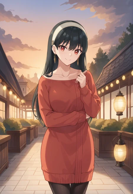 score_9, score_8_up, score_7_up, source_anime, masterpiece, best quality, highly detailed background, cinematic lighting, detailed eyes, detailed pupils, perfect face, Yor Forger, unique outfit, looking at viewer, standing, cute, smile, park, lanterns, festival, clouds, sunset, dark, warm light, dutch tilt,
<lora:Yor_Forger_Pony:0.8>