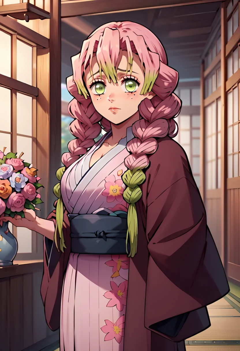 <lora:MitsuriKanrojiPony-10:1>Mitsurujionz, kanroji mitsuri, long hair, hair between eyes, pink hair, twin braids, green eyes, mole under eye, medium breasts, black jacket, japanese clothes, haori, pink kimono, sash, obi, floral print, yukata, Standing, pretending to hold a bouquet of daisies,, score_9, score_8_up, score_7_up, score_6_up, score_5_up, score_4_up,