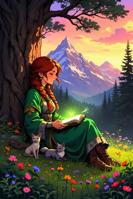 In a serene mountain meadow, framed by towering peaks dusted with snow, a spellcaster with soft, sun-kissed skin and braided auburn hair rests against a massive, ancient oak tree. Her robes of deep green and silver are patterned with leaves and vines, blending perfectly with the lush grass and vibrant wildflowers surrounding her. In her lap rests a glowing spellbook, its pages filled with softly glowing runes that pulse faintly in the golden light of the setting sun. Nearby, a small fox-like familiar with silver fur curls up next to her, its tail flicking lazily as it naps. The soft murmur of a mountain stream trickles through the meadow, and the gentle rustle of leaves accompanies the occasional call of distant birds. The warm breeze carries the scent of pine and fresh earth, creating an atmosphere of profound tranquility. A faint aura of green energy surrounds her, radiating life and harmony with the natural world. Above her, a sky painted with hues of orange, pink, and lavender stretches endlessly, casting the entire scene in a soft, magical glow. The spellcaster sighs softly, utterly at peace in this secluded haven. , detailed background Fantastic lighting. Detailed shadows.intricate details, vivid colors, hyper-detailed, ultra-sharp, High resolution, high detail. Highly detailed. <lora:Dark_and_Colorful_FLUX_OT:0.5><lora:RetroAnimeFluxV1:0.3><lora:Anime v1.3:0.3><lora:Videogame_Cartoon_Flux:0.2>