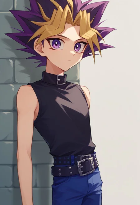 score_9, score_8_up, source_anime, highly detailed,
1boy, male focus, solo, skinny, cute, dyed bangs, spiked hair, blonde hair, purple hair, dyed bangs, pants, bangs, shirt, blue pants,
purple eyes, black shirt, sleeveless, multicolored hair, standing, belt,
upper body,
outdoor,