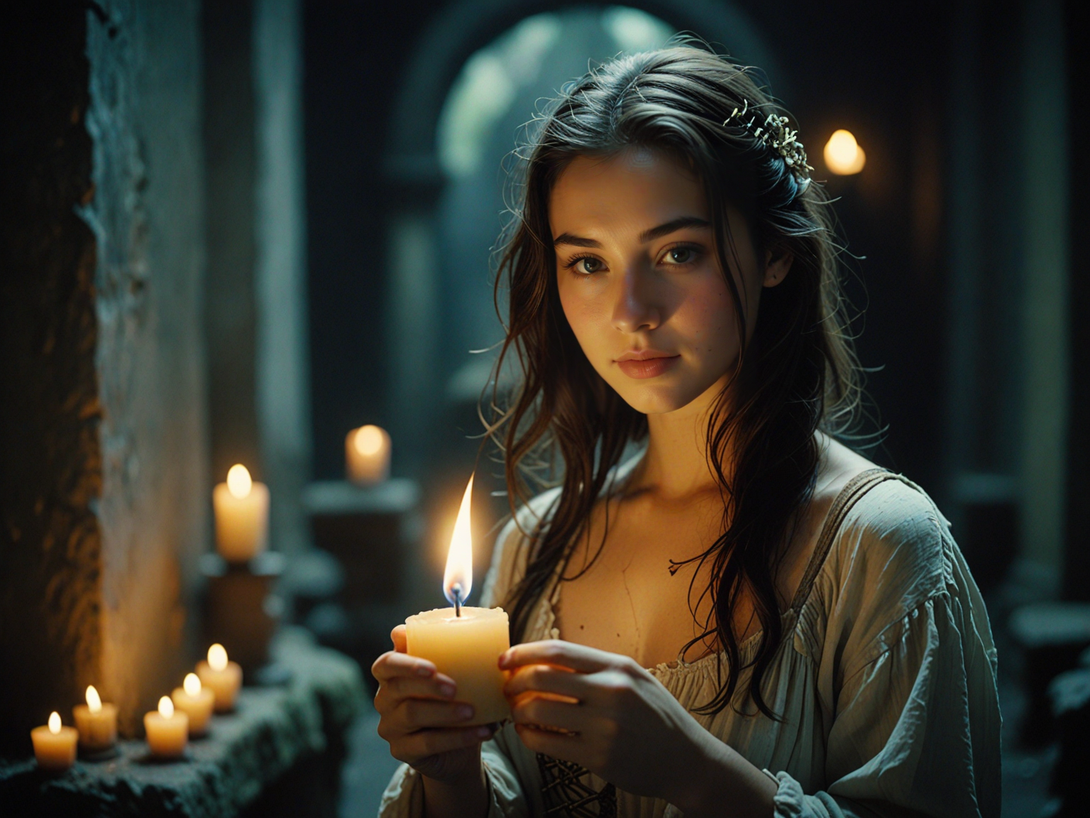 the photo was shot on Fuji Superia 400 film with a Olympus OM-1 SLR camera and Zuiko f/1.4 50mm lens, ISO 400. it shows cute lady holding a candle in a dark ruin