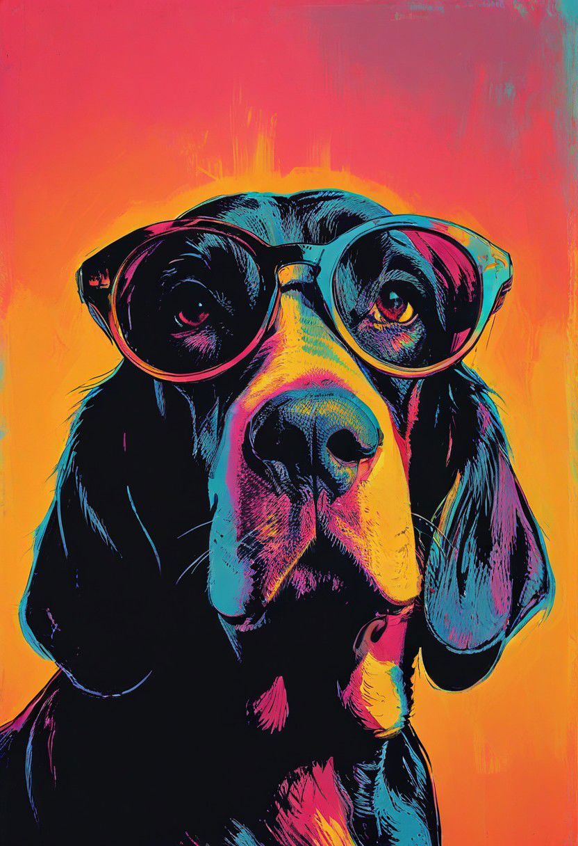 impactful color paint of, a Basset Hound, wearing dark sunglasses, highly detailed, vibrant colors , 8k, sharp, professional, clear, high contrast, high saturated, , vivid deep blacks, crystal clear