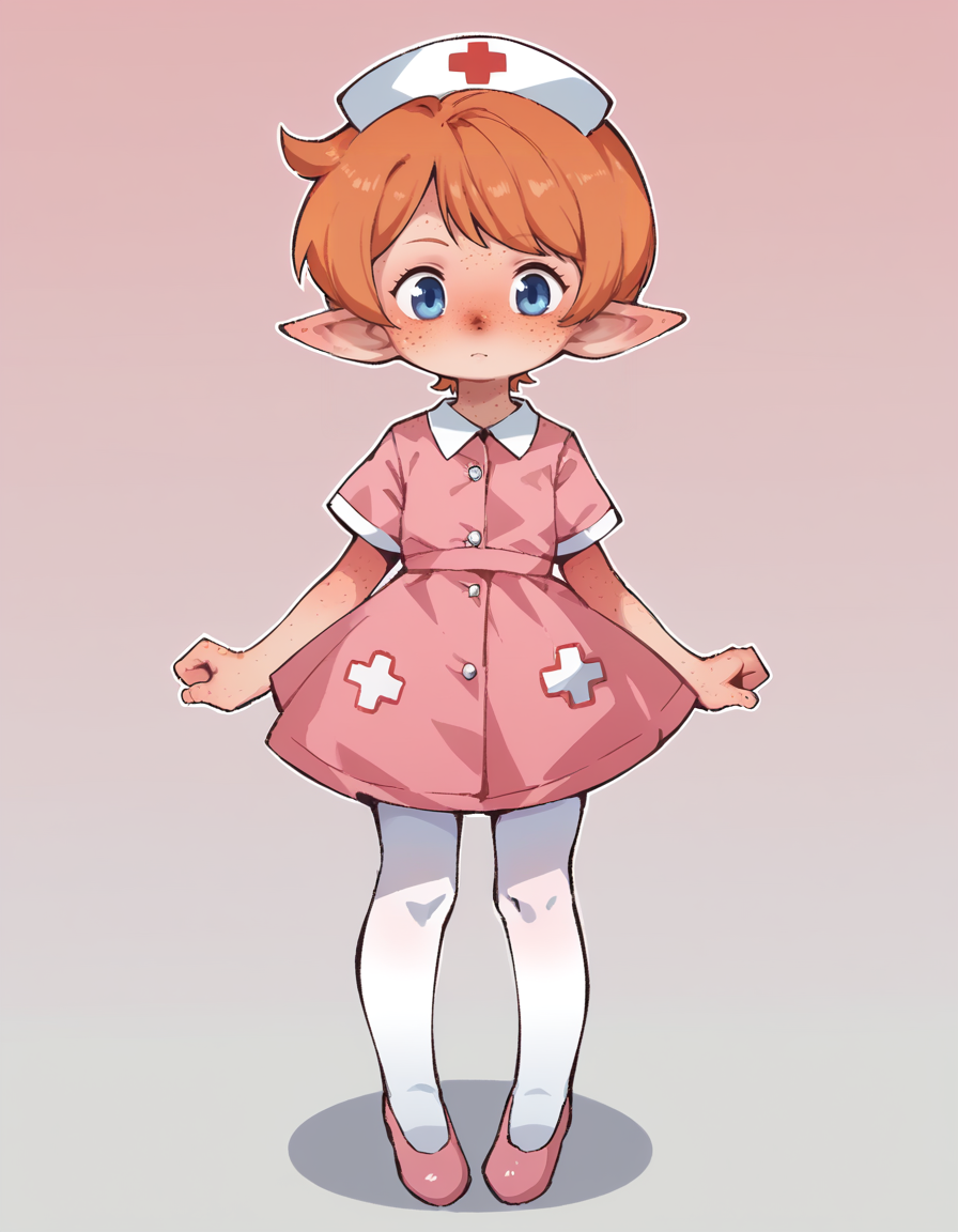 score_9, score_8_up, score_7_up, score_6_up, score_5_up, score_4_up, solo, 1girl, solo,
<lora:Orenji v3:1> orenji, nurse, nurse outfit, pink dress, white pantyhose, pink shoes, nurse cap, shortstack, <lora:Popipi_v1:0.6> popipi, (lalafell), blue eyes, dark nose, freckles, orange hair, short hair, pointy ears, swept bangs,