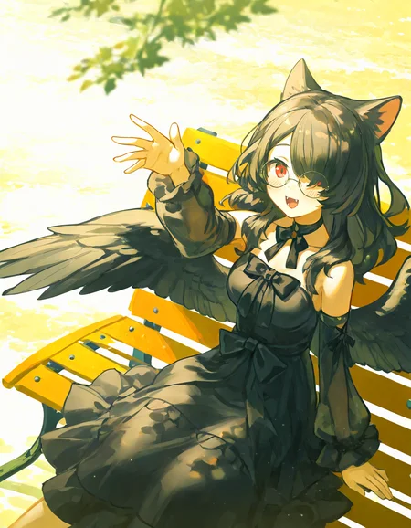 1girl, solo, upper body, hair over one eye, cat ears, round eyewear, black hair, red eyes, long hair, looking at viewer, fangs, blush, :d, black dress, floppy ears, black bowtie, detached sleeves, frills, collarbone, black wings, feathered wings, day, outdoors, sitting, park bench, perspective, leaning back, medium breasts, dappled sunlight, from above, arm up, outstretched hand, <lora:rafaelaaa:0.8>