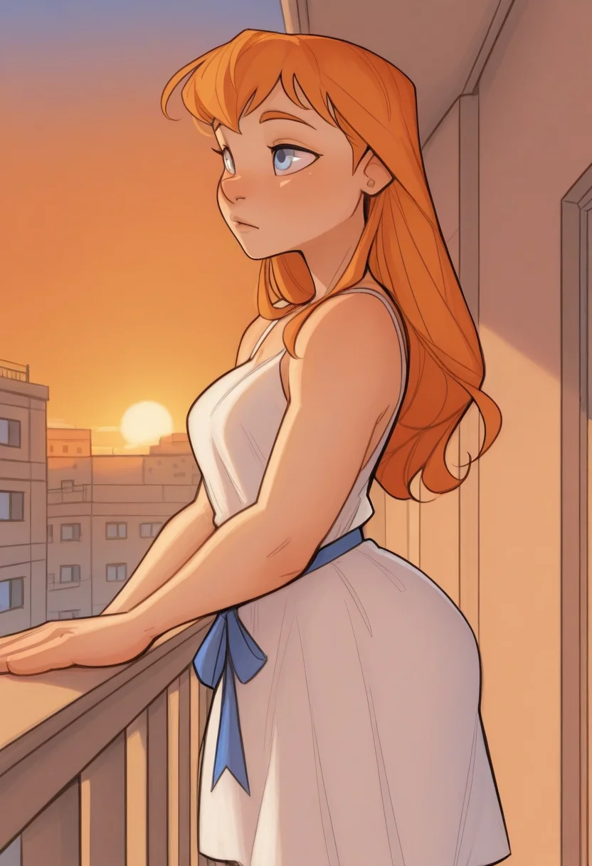 w311ingt0n, masterpiece, best quality, solo, girl, ginger hair, white dress, blue eyes, apartment balcony, warm colors, sunset, blue ribbon