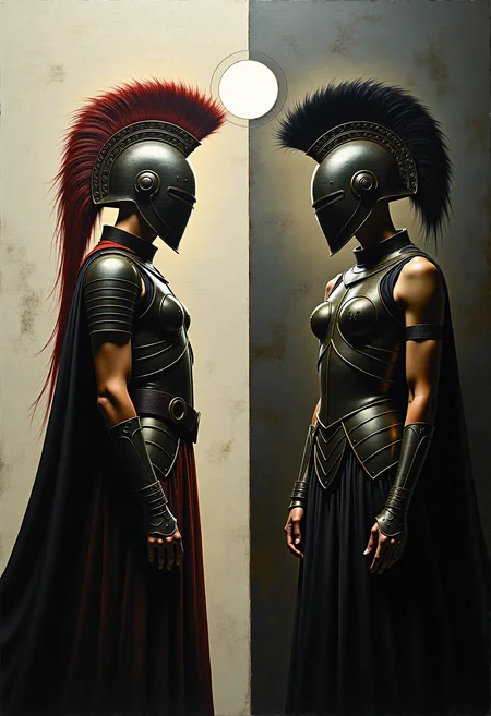 0n1r1c, Create a dramatic impasto painting with drips and painterly smudges of two majestic warriors, inspired by Achilles, the central character in Homer's Iliad, wearing futuristic, metallic full-body armor with a complex, segmented design.
The painting is divided vertically into three sections.
The left section, only white, is dominate from Aphrodite, her
warrior's helmet should have a striking red horsehair crest.
The background of this left section is a light white.
The middle section, only light gray, showcases a high, arched window below the upper edge of the painting, through which the moon shines.
The background of this middle section is a light gray.
The right section, only dark gray, is dominate from Athene, her warrior's helmet should have a striking white horsehair crest.
The background of this right section is a dark gray.
Both helmets reminiscent of ancient Greek soldiers.
Both armors should have multiple plates and reinforcements, covering the entire body and combining both ancient and modern aesthetics.
The shoulder plates and bracers of both armors should feature additional plating with gold accents. Both warriors should wear long, flowing black capes, adding a touch of royalty. Their overall appearance should exude strength, nobility, and a harmonious blend of the antique and the modern. Set the scene in a dark, grand hall with high, arched windows in the background. The painting should emphasize a combination of ancient grandeur and a futuristic, modern, and abstract style, with dramatic lighting features in a monochromatic scheme, primarily in shades of black, white, and gray.