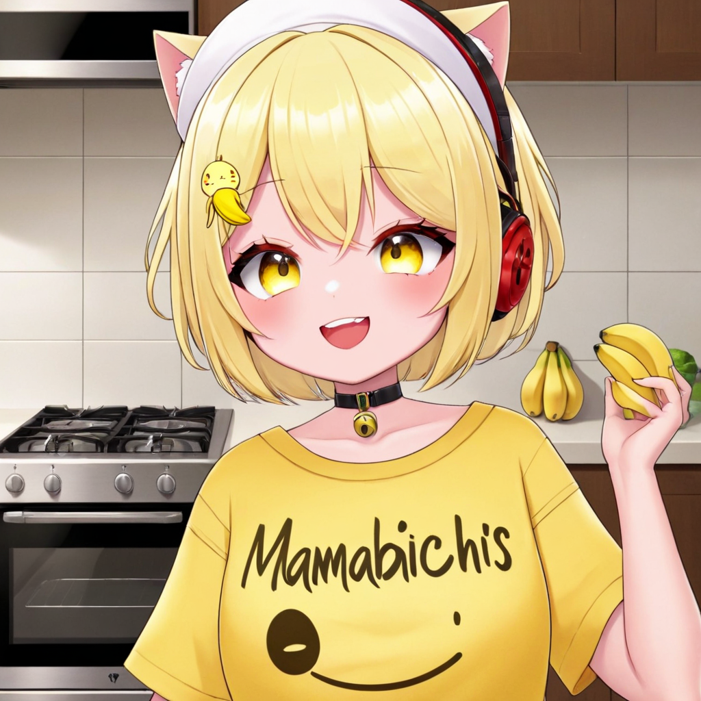 nyana, mamabichos text on shirt, yellow shirt, cat girl, cat ears, blonde hair, big eyes, banana hair ornament, short hair, red headphones,
kitchen, chef hat, smile, open mouth, 
 <lora:NYANA-XL-t2:0.6> <lora:Harrlogos_v2.0:1>, "mamabichos" text logo,