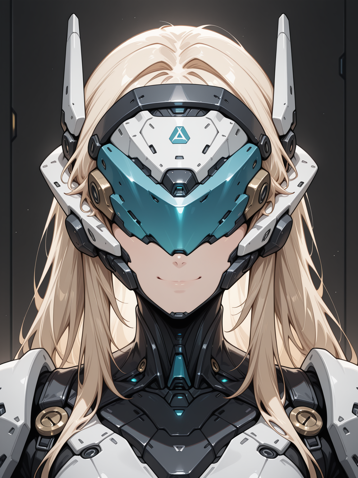 masterpiece,best quality,amazing quality,very aesthetic,absurdres,newest,
BREAK,
, science fiction, , portrait, 
solo, ,1girl, , , headgear, covered eyes, smile, 
 <lora:Anachrotech_Mecha_bits_Illustrious:1> an4chr0t3ch,