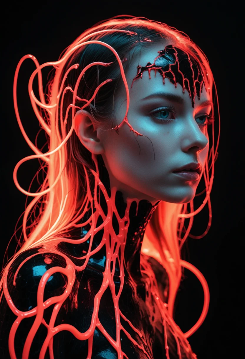 (Ombre color scheme of neon red ,black ,white ) (portrait facing to the right) A dazzlingly shimmering sonic symbiote radiates bioluminescent hues, embodying a captivating blend of enchantment and vibrancy. Its luminescent tendrils pulsate with vivid colors, while its ethereal form undulates gracefully. By alex1shved. This mesmerizing subject is showcased in an impeccably detailed photography <lora:br1ghtXLP:0.7> multicolored <lora:43stl1ght1ngXLP2:0.7> 43stl1ght1ng, low light, dramatic lighting, darkness, neon, spotlight <lora:envyStarlight_v10:0.8>