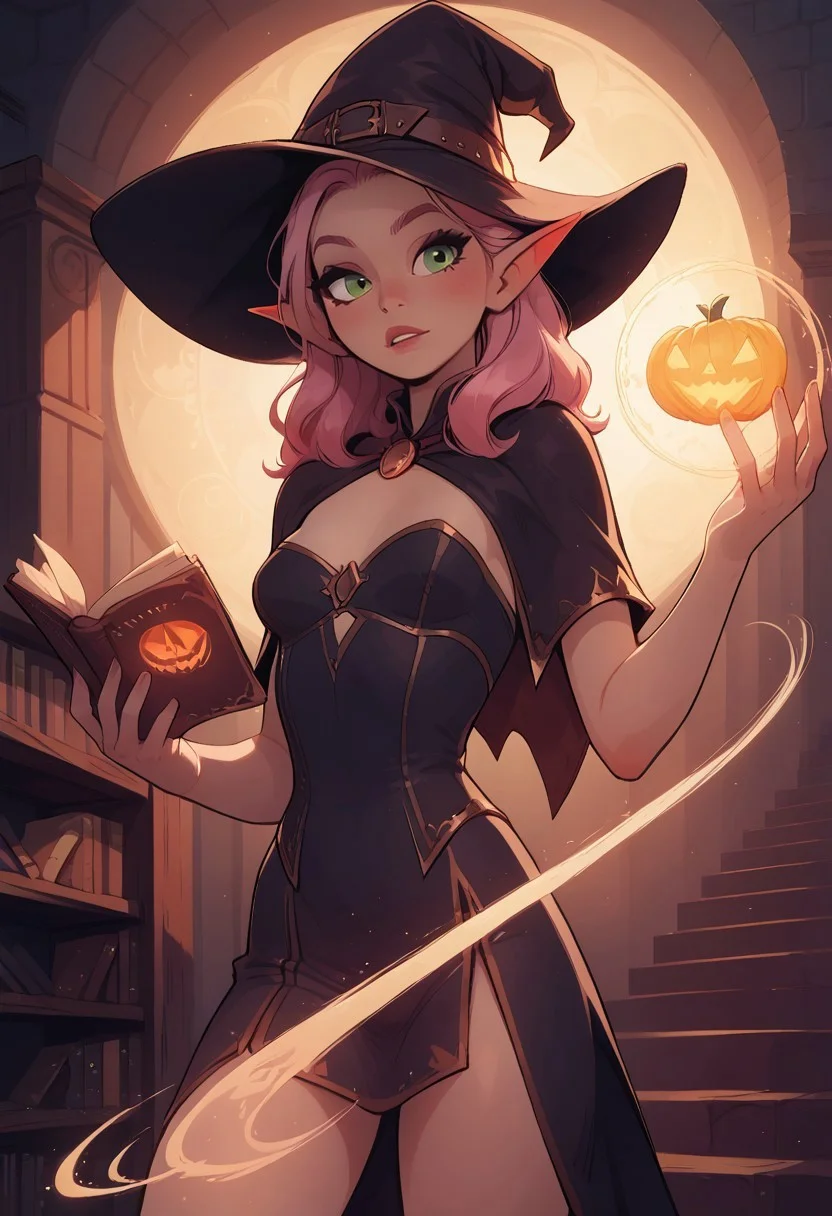 safe_pos, safe_pos, score_9, score_8_up, score_8, 1 elf girl, solo, sexy witch girl, perfect face, thick eyeliner, small breasts, long pink hair, green eyes, witch outfit, indoors, library, cowboy shot, (casting magic spell), holding book, magical floating books, magic aura, glowing particles, dynamic pose, detailed background, dynamic angle, volumetric lighting, cinematic lighting, jack o lantern in background
