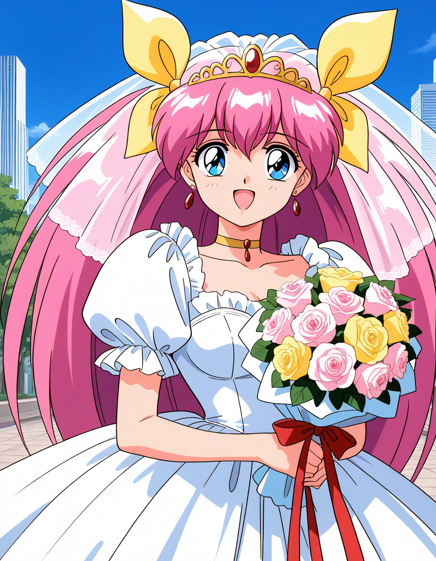 general,highres, ultra-detailed,very aesthetic,best quality ,best hands,  BREAK <lora:Hanasaki_Momoko_IS:1>Hanasaki_Momoko, 1girl,solo, long hair, pink hair, blue eyes, yellow bow, breasts, a, hair bow, twintails, very long hair, hair ribbon, 1990s (style),anime coloring, smile,looking at viewer, cowboy_Shot,
solo, flower, dress, bouquet,  bow, wedding dress, choker, rose, jewelry, tiara, earrings, smile, 
puffy sleeves, open mouth, white dress, veil, short sleeves, happy, puffy short sleeves, ribbon, bride, frills, :d, holding, bridal veil, pink bow,  looking at viewer
outdoor, day, sky, city,