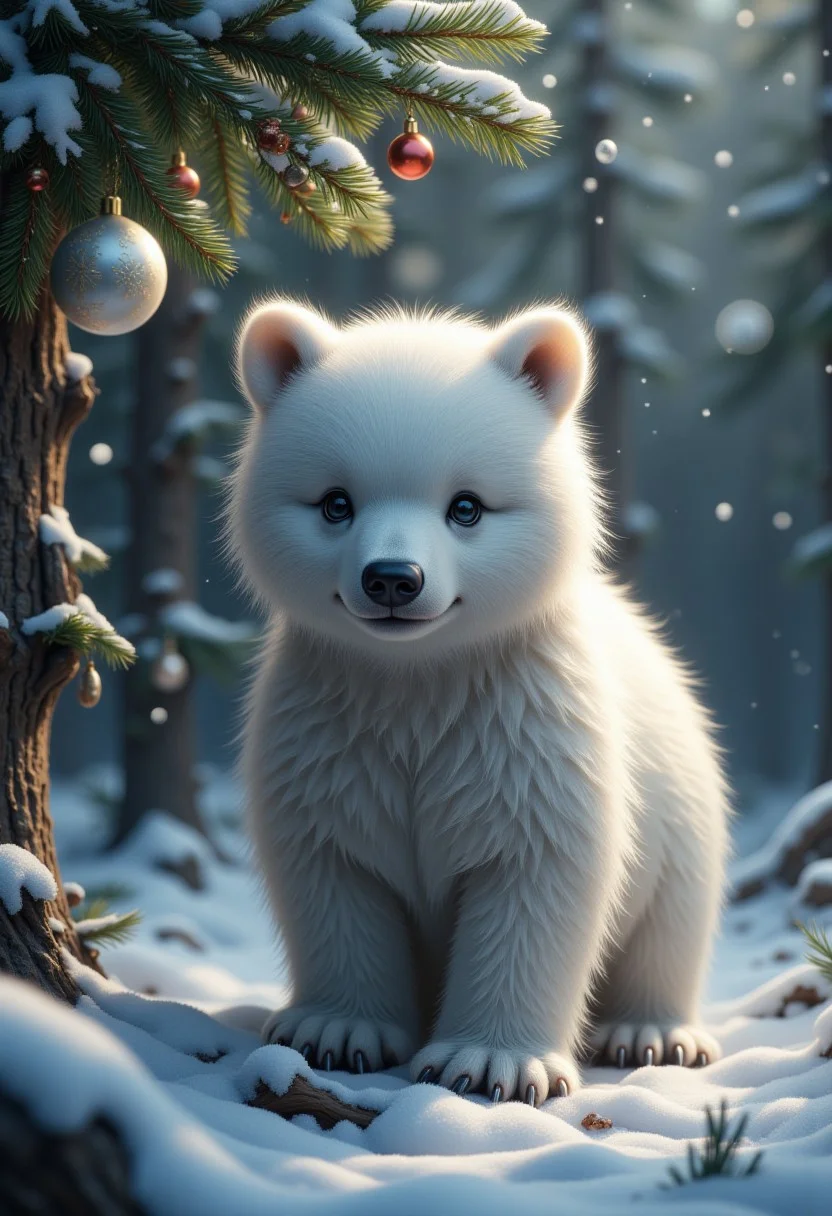 White bear under the Christmas tree, in the snow, Christmas atmosphere, ultra realistic, high quality, masterpiece, extremely detailed, hd, high_detailed, captured in high detail, bo-christmas