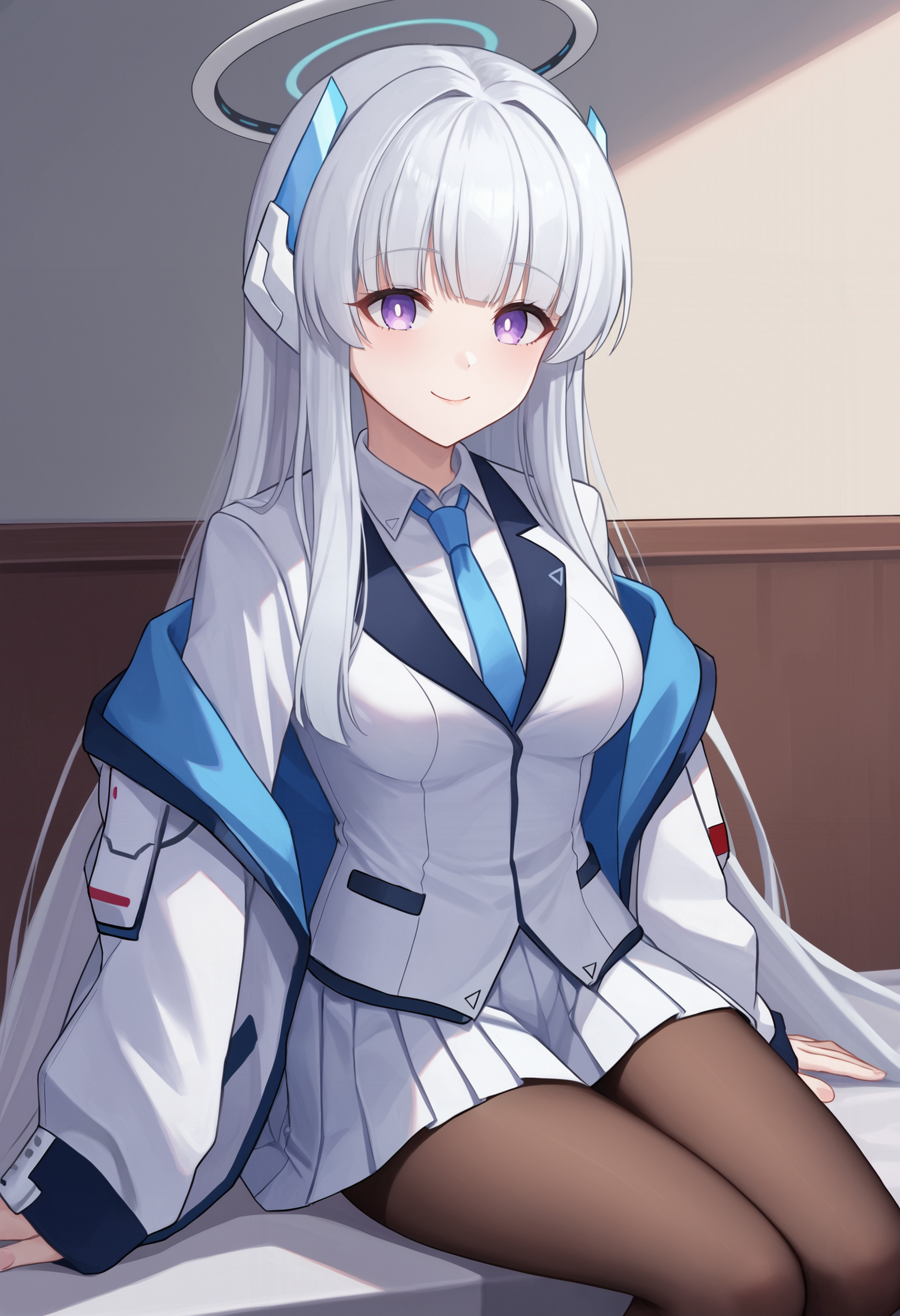 zPDXL, source_anime, BREAK
ushio noa, white hair, long hair, medium breasts, halo, headphones, pantyhose,
school uniform, open jacket, 
light smile, closed mouth,
sitting, 
indoors,  <lora:noa2-ponyxl-kohya-000008:0.8>