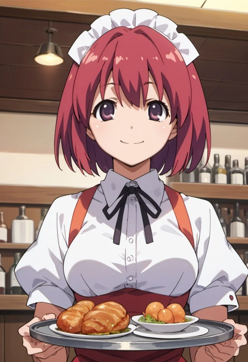 score_9, score_8_up, score_7_up, source_anime,kushieda minori, red hair, short hair, purple eyes, 1girl, solo, waitress, tray, smile, anime coloring