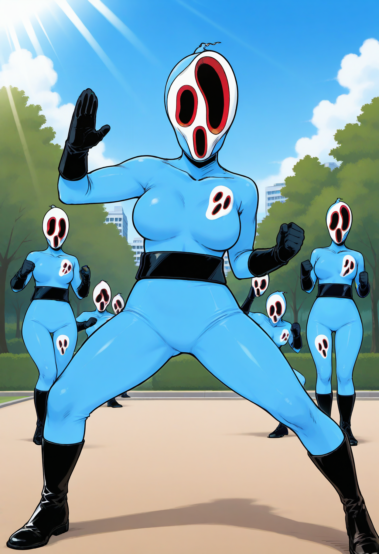 masterpiece, best quality, good quality, <lora:DorodoroIL:1>, Dorodoro, multiple girls, 4girls, eye socket, no eyes, mask, breasts, 
blue bodysuit, black gloves, black belt, black boots,
fighting stance, 
BREAK nature, park, building, blue sky, sunlight, light rays,