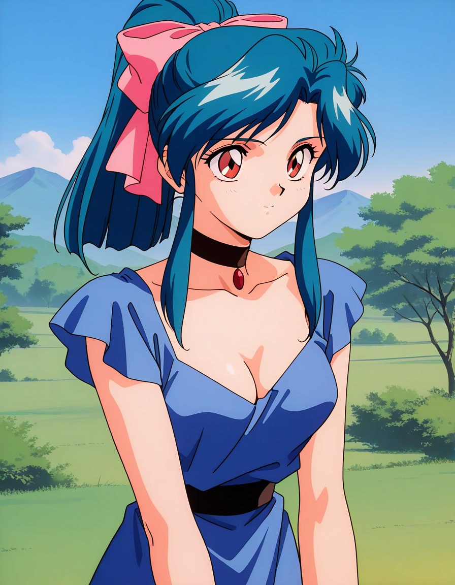 general,highres, ultra-detailed,very aesthetic,best quality ,best hands,  BREAK <lora:Diana_Minerva_no_Kenshi_IS:1>Diana, 1girl,solo, blue hair, long hair, red eyes, bangs, ponytail, sidelocks, medium breasts, hair bow, aqua hair, pink bow,
1990s \(style\),anime coloring, 
solo, choker, ribbon, closed mouth, brown eyes, bow, blue dress,
cleavage,
outdoor, sky,