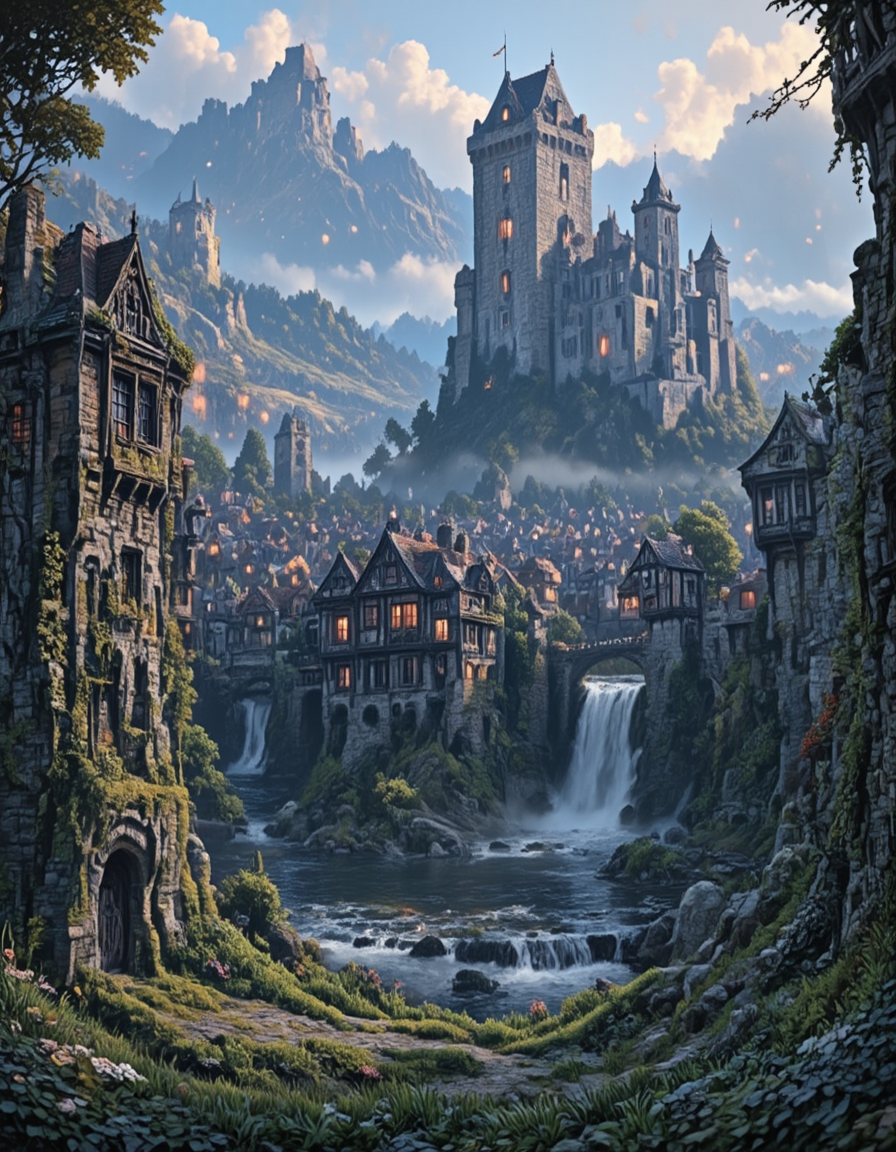 <lora:Medieval_Worlds_Special_fl:1> medieval, very detailed, river, moss, illuminated, city lights, vegetation, high castle in the background, castle bridge, houses, high tower in the background, high castle, town, flowers, roots, grass, mw01out, realistic photo, bokeh, white, gold, T2, T8, green, fantasy, T10, landscape, mountains, waves, rocks, tree, vegetation, moss, rough sea, waterfall, sunset, blue, orange, yellow, brown, mist,