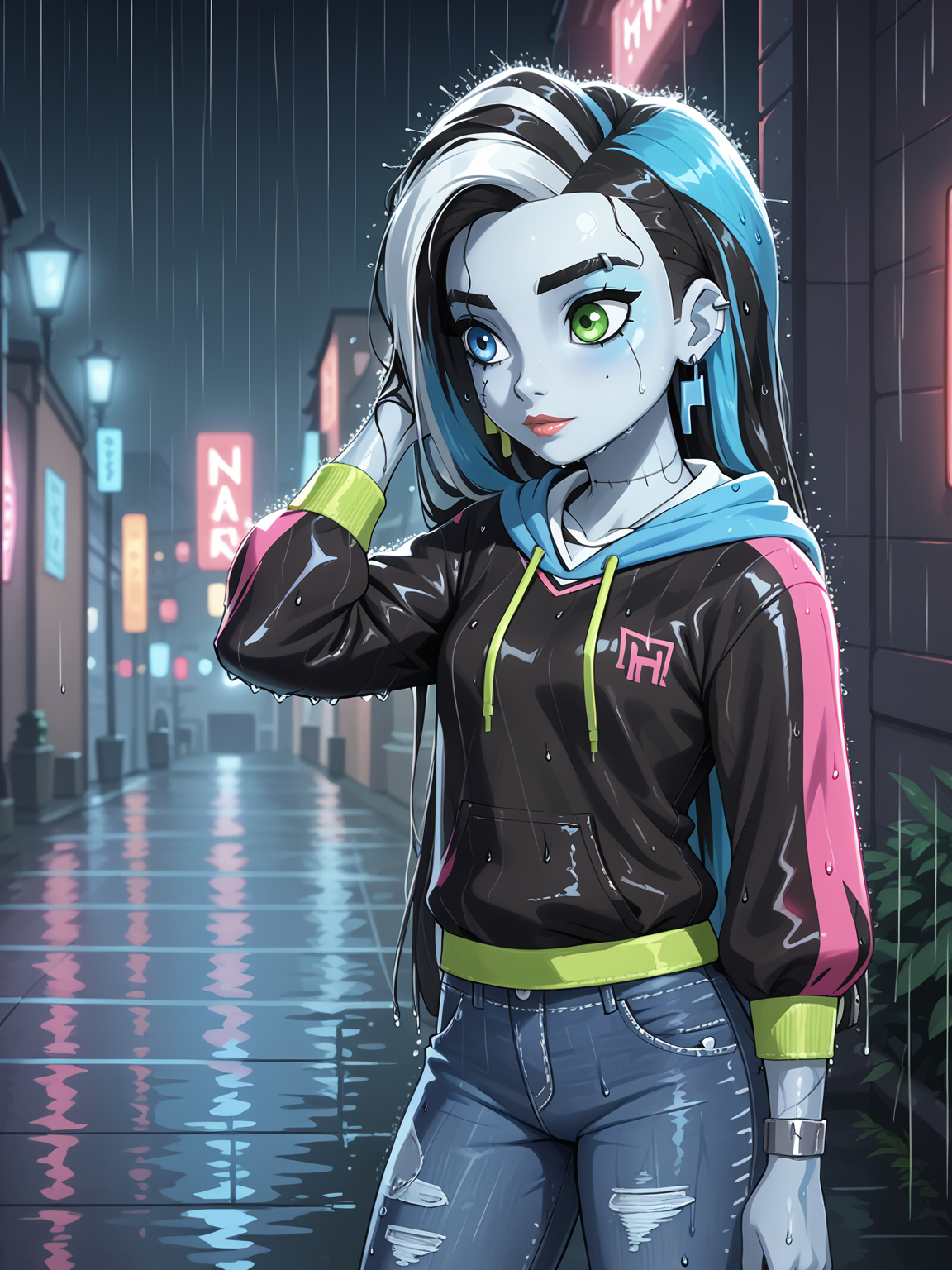 1girl, score_8_up, <lora:Frankie Stein (Skulltimate Secrets):0.75> frankiess, slumped, hoodie, hood up, jeans, neon lighting, rain, wet hair, wet clothes